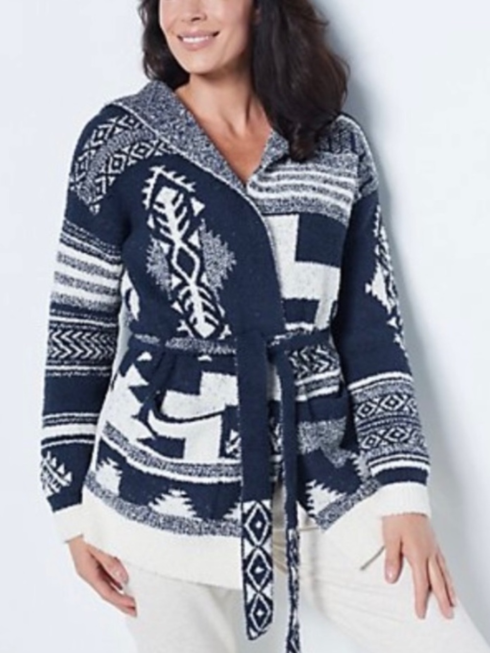Barefoot Dreams Women M Indigo Cream CozyChic Patchwork Belted Cardigan NWT